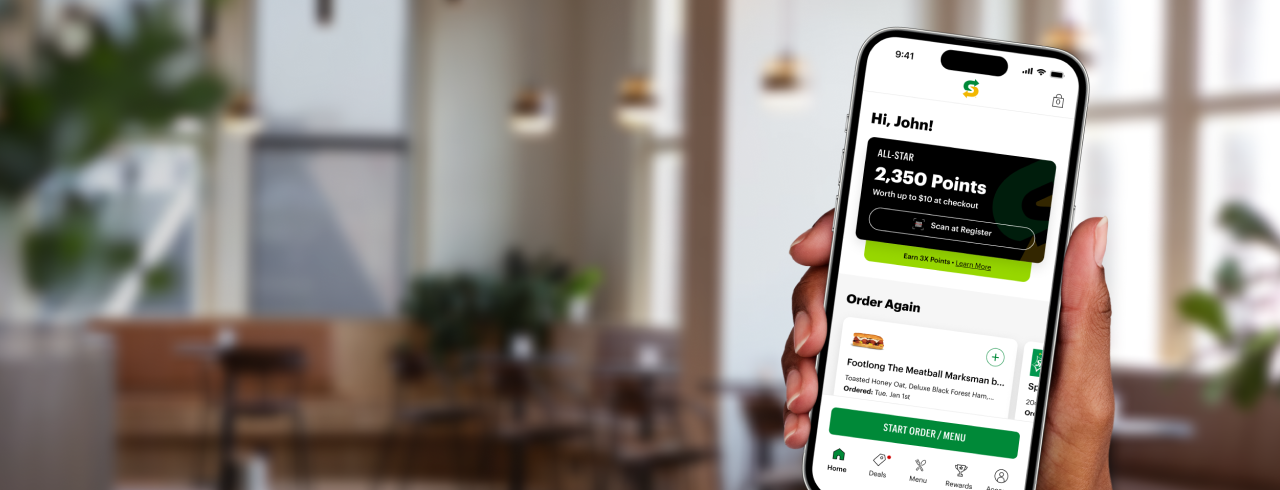  Smartphone showing Subway account with points earn.