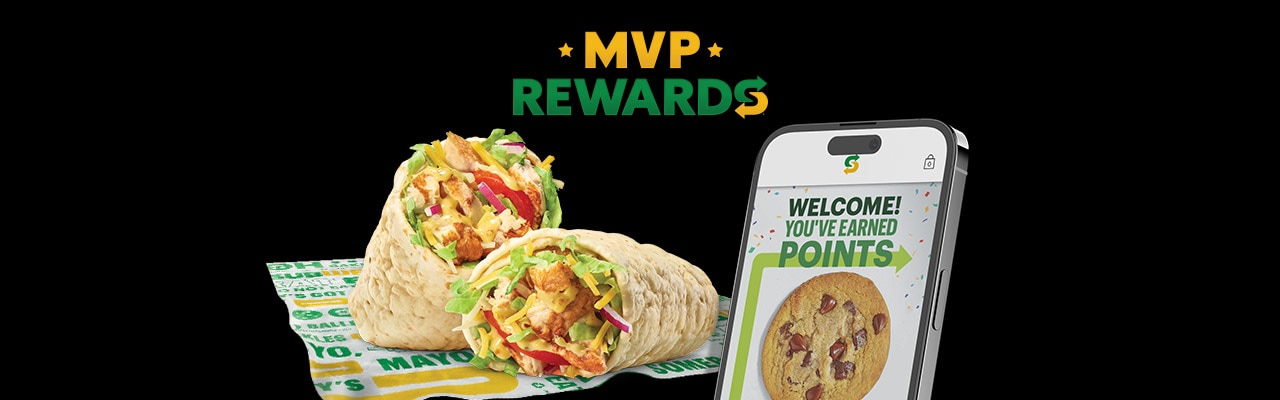Honey Mustard Chicken Wrap and a phone with the Subway® MVP Rewards screen
