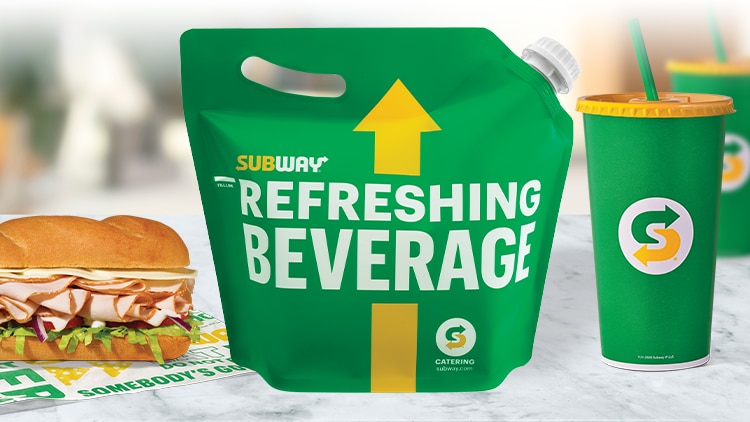 6” sub next to gallon beverage and Subway cup 