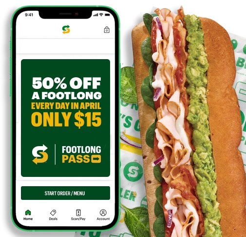 Image of phone with Subway Footlong Pass information and a sub