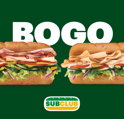 "BOGO" with 2 Subway sandwiches and Sub Club logo