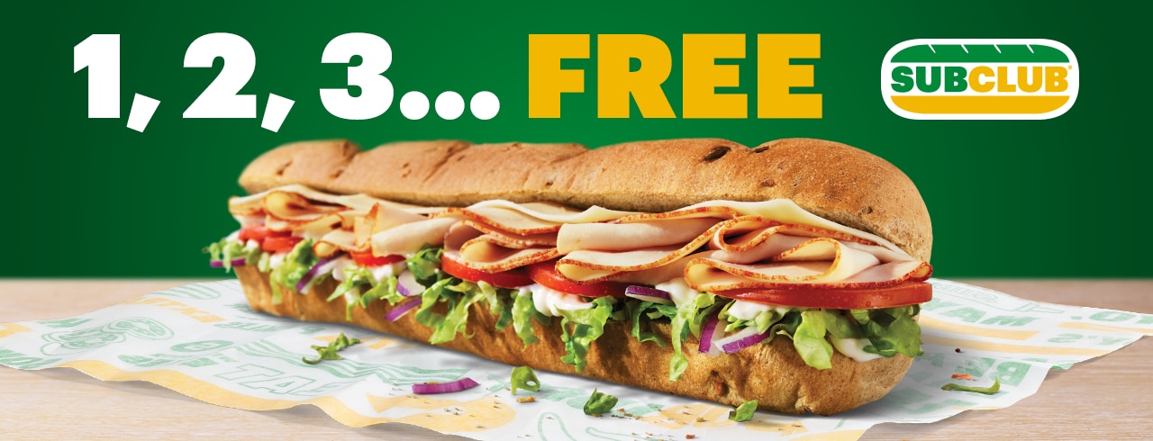 Footlong turkey sub with 1,2,3,Free and Sub Club logo