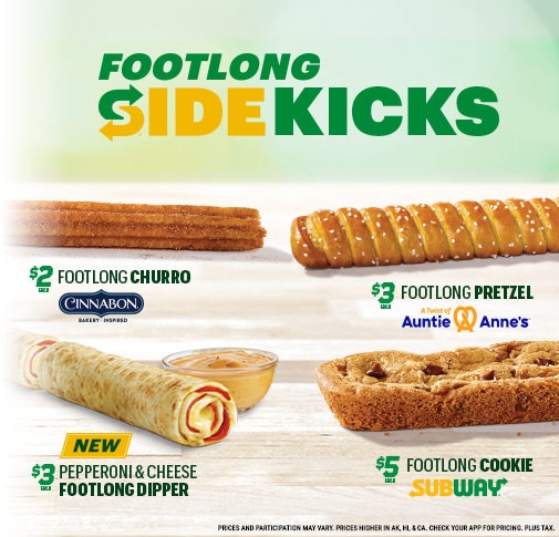 Footlong Churro, Footlong Pretzel, Footlong Dipper with sauce, and Footlong Cookie on a tabletop