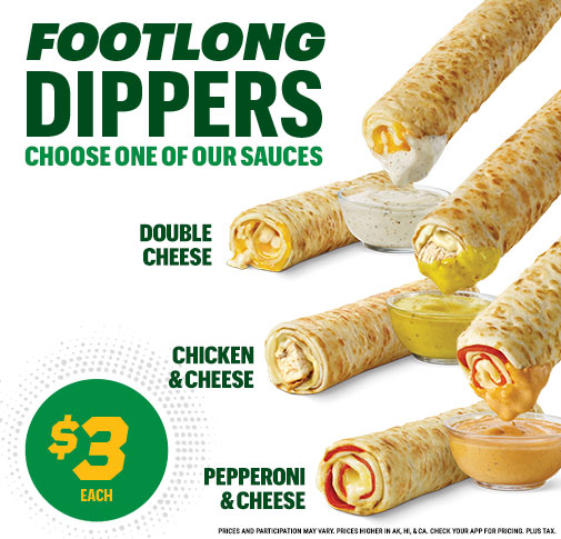 Double Cheese Dipper, Chicken & Cheese Dipper, Pepperoni & Cheese Dipper each with a dipping sauce