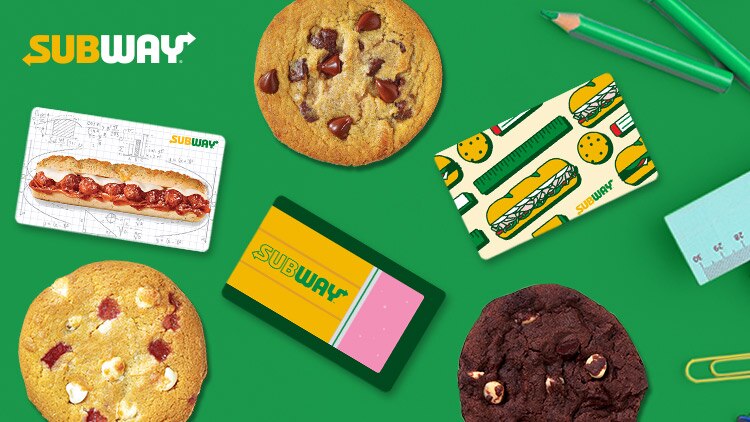Cookies and Subway® gift cards with pencils, ruler and paper clip