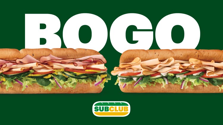 "BOGO" with 2 Subway sandwiches and Sub Club logo
