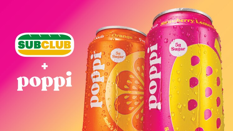 Two poppi cans with Sub Club logo and poppi logo