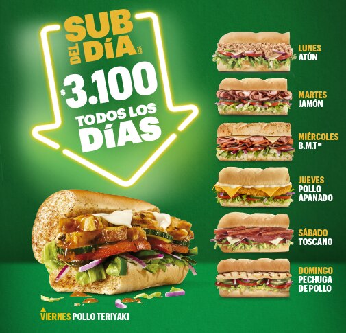 Sub Pollo Teriyaki, Sub Pechuga de Pollo, Sub Atún