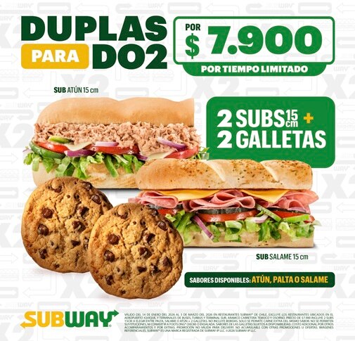 Promocion Subway Chile: 2 subs de 15 cm + 2 galletas por $7.900, sabores atun, palta o salame