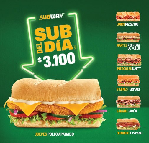 Sub del Día de Subway por $3.100 y Combo del Día por $5.200
