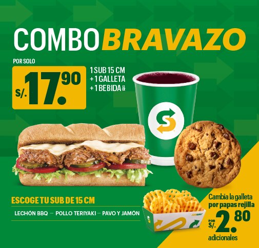 Sub Lechón BBQ, Galleta chispas de chocolate, papas rejilla