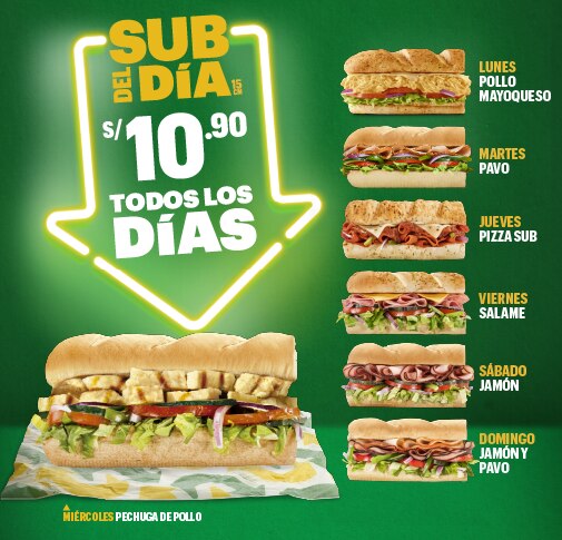 Sub Pollo mayoqueso, Sub Pavo, Pizza Sub, Sub Pechuga de Pollo, Salame, Sub Jamón, Sub Jamón y Pavo
