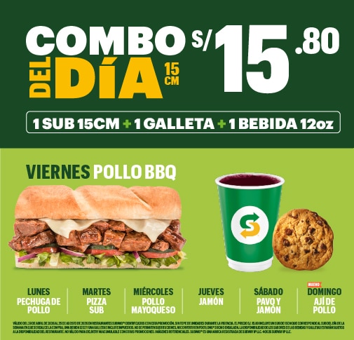 Sub Pollo BBQ, Sub Pechuga de Pollo, Pizza Sub, Pollo Mayoqueso, Sub Salame, Sub Ají de Pollo, Sub Jamón y Pavo, galleta chips chocolate, bebida 12 oz