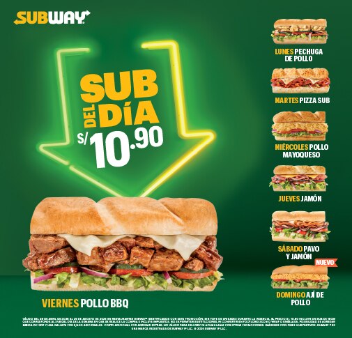 Sub Pollo BBQ, Sub Pechuga de Pollo, Pizza Sub, Pollo Mayoqueso, Sub Salame, Sub Ají de Pollo, Sub Jamón y Pavo.