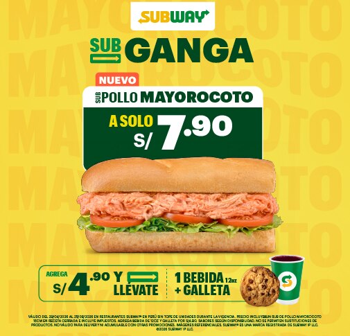 Sub Pollo Mayorocoto, galleta chips chocolate, bebida 12 oz