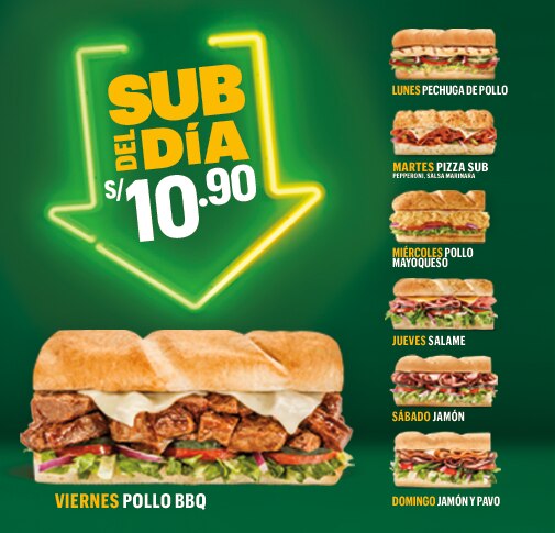 Sub Pechuga de Pollo, Pizza Sub, Sub Pollo mayoqueso, Salame, Sub Pollo BBQ, Sub Jamón, Sub Jamón y Pavo