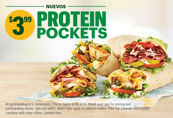 Presentamos los nuevos Protein Pockets por $3.99. Protein Pockets de pavo y jamón, pollo Baja, trío italiano y pollo con pimienta y salsa Ranch. 20 gramos de proteína.