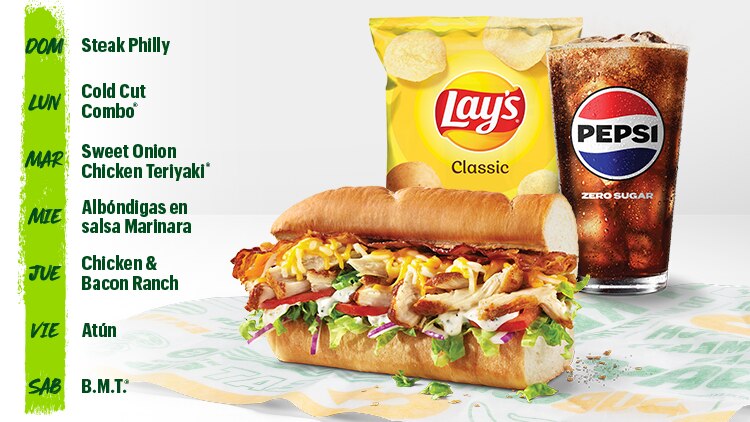 Logo de la comida del día por $6.99 con el Chicken & Bacon Ranch Sub del jueves, Lay’s Classic y Pepsi Zero Sugar. Incluye el aviso “Precios más altos en CA, AK y HI.”