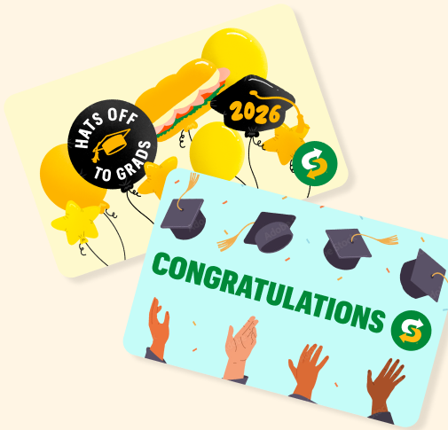 Dos Subway® Gift Card con temática de graduación.